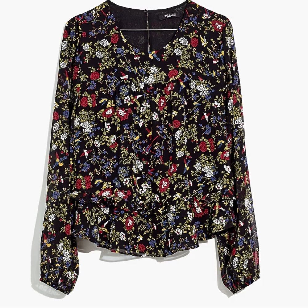 EUC Madewell Sheer-Sleeve Ruffle Peplum Top Finch Floral